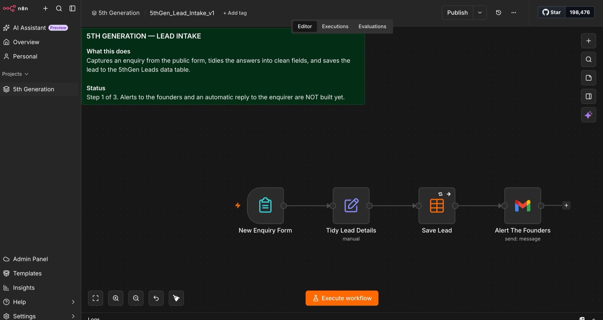 The 5th Gen Automation lead intake workflow in n8n: enquiry form, field cleanup, storage, founder alert